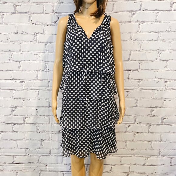 ROZ & ALI, Sleeveless navy blue polka dot ruffle tiered dress - Picture 6 of 11